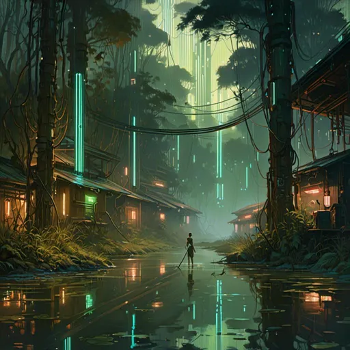 Prompt: A <mymodel> landscape artwork of ominous and gloomy 

jungle

full of hanging hoses and  multicolored neon circuit board patterns glowing in the darkness

of a flooded swamp

, a stunning Alphonse Mucha's masterpiece in  sci-fi retro-futuristic art deco artstyle by Anders Zorn and Joseph Christian Leyendecker

, neat and clear tangents full of negative space 

, a dramatic lighting with detailed shadows and highlights enhancing depth of perspective and 3D volumetric drawing

, a  vibrant and colorful high quality digital  painting in HDR