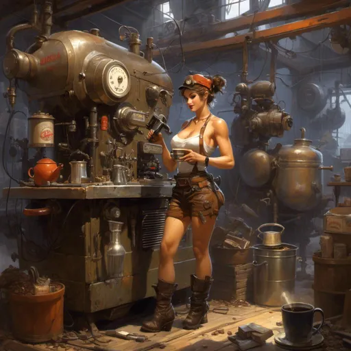 Prompt: A <mymodel> concept art landscape

of a cute curvy and muscly mechanic tinkerer artificer pin-up fixing a coffee machine in the middle of her goomy and dark industrial garage

, a stunning alejandro burdisio masterpiece in post-apocalyptic sci-fi dieselpunk artstyle by Anders Zorn and Joseph Christian Leyendecker 

, neat and clear tangents full of negative space 

, ominous dramatic lighting with detailed shadows and highlights enhancing depth of perspective and 3D volumetric drawing

, colorful vibrant painting in HDR with shiny shimmering reflections