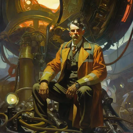 Prompt: An ominous and gloomy 

Mechanic engineer 
in the  middle of a doomed junkyard

full of hanging hoses and multicolored neon circuitry glowing in the  darkness

, a stunning Alphonse Mucha's masterpiece in <mymodel> sci-fi retro-futuristic  art deco artstyle by Anders Zorn and Joseph Christian Leyendecker

, neat and clear tangents full of negative space 

, a dramatic lighting with detailed shadows and highlights enhancing depth of perspective and 3D volumetric drawing

, a  vibrant and colorful high quality digital  painting in HDR