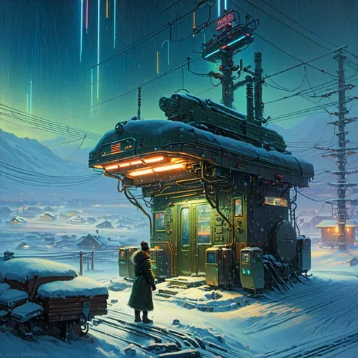 Prompt: A <mymodel> landscape artwork of a threatening  and somber artic station

 in the middle  
of a snowy thundra

full of multicolored neon circuit board patterns glowing in the snowstorm

, a stunning Donato Giancola's masterpiece in  sci-fi retro-futuristic art deco artstyle by Anders Zorn and Joseph Christian Leyendecker

, neat and clear tangents full of negative space 

, ominous dramatic lighting with detailed shadows and highlights enhancing depth of perspective and 3D volumetric drawing

, a  vibrant and colorful high quality digital  painting in HDR