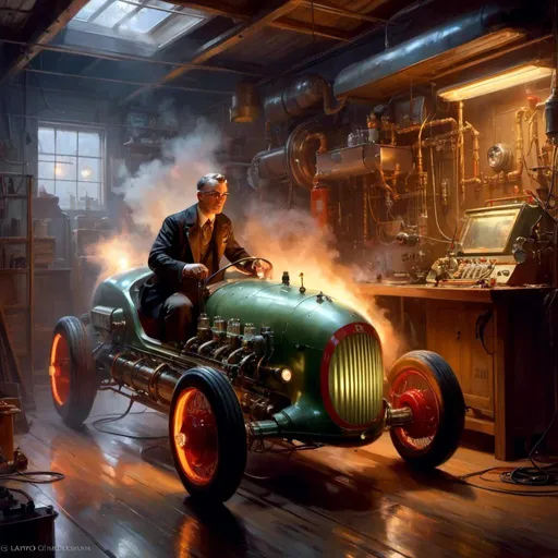 Prompt: The <mymodel> concept art

of a vintage dieselpunk electric dragster with an engine blower full of attached fuses and vintage radio valves with arcing lightnings in the middle of a misty  and gloomy somber unlit garage 


, a stunning Donato Giancola masterpiece in retro-futuristic dieselpunk artstyle by Anders Zorn and Joseph Christian Leyendecker 

, neat and clear tangents full of negative space 

, ominous dramatic lighting with macabre somber shadows and highlights enhancing depth of perspective and 3D volumetric drawing

, colorful vibrant painting in HDR with shiny shimmering reflections and intricate detailed ambient occlusion