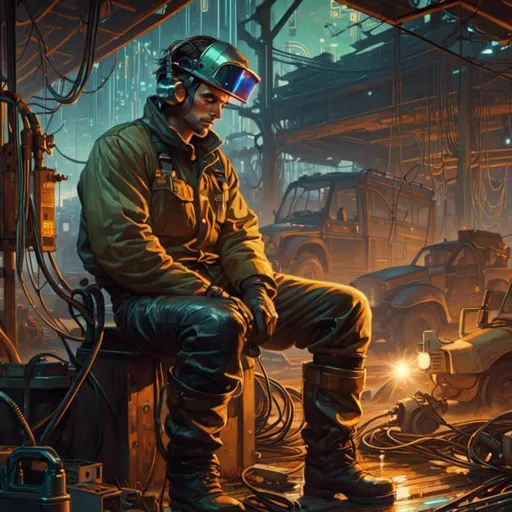 Prompt: A <mymodel> landscape artwork of an ominous and gloomy 

mechanic welder in the middle  
of a doomed junkyard

full of hanging hoses and  multicolored neon circuit board patterns glowing in the darkness

, a stunning Alphonse Mucha's masterpiece in  sci-fi retro-futuristic art deco artstyle by Anders Zorn and Joseph Christian Leyendecker

, neat and clear tangents full of negative space 

, a dramatic lighting with detailed shadows and highlights enhancing depth of perspective and 3D volumetric drawing

, a  vibrant and colorful high quality digital  painting in HDR