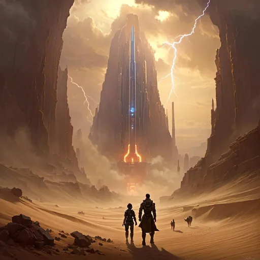 Prompt: A <mymodel> a concept environment art landscape 

of a gloomy and somber canyon 

with a towering mechanical monolith ark full of vapor streams and glowing arcing lightnings 

shedding flaring volumetric light shafts throughout the darkness 

of threatening sinister wasteland dunes engulfed by a heavy sandstorm hurricane

, a stunning Alphonse  Mucha masterpiece in retro-futuristic dieselpunk artstyle by Anders Zorn and Joseph Christian Leyendecker 

, neat and clear tangents full of negative space 

, ominous dramatic lighting with macabre somber shadows and highlights enhancing depth of perspective and 3D volumetric drawing

, colorful vibrant painting in HDR with shiny shimmering reflections and intricate detailed ambient occlusion