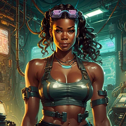 Prompt: A <mymodel> portrait artwork of 

Gabrielle Union

as a muscly stompunk mechanic pin-up 

in the middle of a gloomy jukyard 

full of hanging hoses and multicolored circuit board patterns  glowing in the  darkness 


, a stunning Alphonse Mucha's masterpiece in  sci-fi retro-futuristic art deco artstyle by Anders Zorn and Joseph Christian Leyendecker

, neat and clear tangents full of negative space 

, ominous dramatic lighting with detailed shadows and highlights enhancing depth of perspective and 3D volumetric drawing

, a  vibrant and colorful high quality digital  painting in HDR