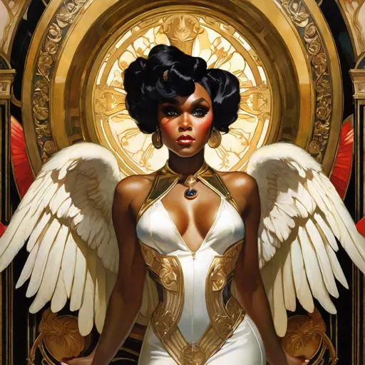 Prompt: A beautiful close-up portrait 

of the curvy and lustful Janelle Monae 

as an  ominous fierceful holy angel 

, a stunning Alphonse Mucha's masterpiece in <mymodel> barroque rococo artstyle by Anders Zorn and Joseph Christian Leyendecker

, neat and clear tangents full of negative space 

, a dramatic lighting with detailed shadows and highlights enhancing depth of perspective and 3D volumetric drawing

, a  vibrant and colorful high quality digital  painting in HDR