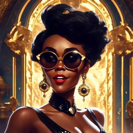 Prompt: A <mymodel> concept  character  design close-up portrait of  Janelle Monae  as a vintage  art  deco 
 socialite pin-up with  a curvy  lustful body  shape with a  round sunglasses and  a  silly smile

, neat and clear tangents full of negative space 

, ominous dramatic lighting with macabre somber shadows and highlights enhancing depth of perspective and 3D volumetric drawing

, colorful vibrant painting in HDR with shiny shimmering reflections and detailed contrasting ambient occlusion