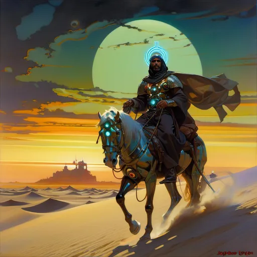 Prompt: An ominous and gloomy arabian prince  crossing the dunes  in the middle of doomed wastelands  with multicolored neon circuitry glowing in the darkness

, a stunning Alphonse Mucha's masterpiece in <mymodel> sci-fi retro-futuristic  artstyle by Anders Zorn and Joseph Christian Leyendecker

, neat and clear tangents full of negative space 

, a dramatic lighting with detailed shadows and highlights enhancing depth of perspective and 3D volumetric drawing

, a  vibrant and colorful high quality digital  painting in HDR