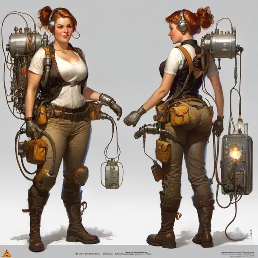 Prompt: The <mymodel> concept character design reference sheet 

of a muscly and curvy electrician engineer with mechanical  gauntlets full of fues with arcing lightnings and hanging hoses attached to her dynamo backpack


, a stunning Donato Giancola masterpiece in retro-futuristic dieselpunk artstyle by Anders Zorn and Joseph Christian Leyendecker 

, neat and clear tangents full of negative space 

, ominous dramatic lighting with macabre somber shadows and highlights enhancing depth of perspective and 3D volumetric drawing

, colorful vibrant painting in HDR with shiny shimmering reflections and intricate detailed ambient occlusion