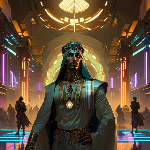 Prompt: An ominous and gloomy arabian prince  in the middle of the  wastelands  with multicolored neon circuitry glowing in the darkness

, a stunning Alphonse Mucha's masterpiece in <mymodel> sci-fi retro-futuristic  artstyle by Anders Zorn and Joseph Christian Leyendecker

, neat and clear tangents full of negative space 

, a dramatic lighting with detailed shadows and highlights enhancing depth of perspective and 3D volumetric drawing

, a  vibrant and colorful high quality digital  painting in HDR