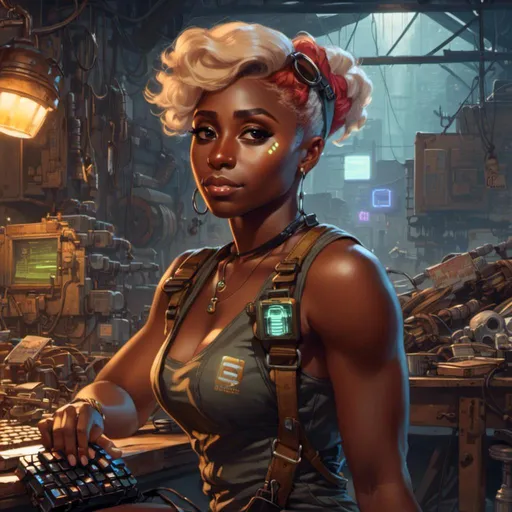 Prompt: A <mymodel> portrait artwork of 
Cynthia Erivo

as a nerdy and muscly atompunk mechanic pin-up 

in the middle of a gloomy jukyard scrapyard 

full of multicolored neon circuitry glowing in the   darkness

, a stunning Alphonse Mucha's masterpiece in  sci-fi retro-futuristic art deco artstyle by Anders Zorn and Joseph Christian Leyendecker

, neat and clear tangents full of negative space 

, ominous dramatic lighting with detailed shadows and highlights enhancing depth of perspective and 3D volumetric drawing

, a  vibrant and colorful high quality digital  painting in HDR