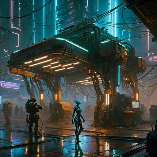 Prompt: A <mymodel> landscape artwork of a threatening  and somber warframe

crossing a gloomy facility

full of hanging hoses and multicolored neon circuit board patterns glowing in the darkness

, a stunning Donato Giancola's masterpiece in  sci-fi retro-futuristic art deco artstyle by Anders Zorn and Joseph Christian Leyendecker

, neat and clear tangents full of negative space 

, ominous dramatic lighting with detailed shadows and highlights enhancing depth of perspective and 3D volumetric drawing

, a  vibrant and colorful high quality digital  painting in HDR