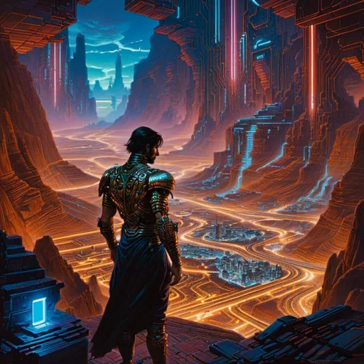 Prompt: A <mymodel> landscape artwork of the threatening  and somber prince of persia

crossing doomed badlands

full of multicolored neon circuit board patterns glowing in the darkness

, a stunning Donato Giancola's masterpiece in  sci-fi retro-futuristic art deco artstyle by Anders Zorn and Joseph Christian Leyendecker

, neat and clear tangents full of negative space 

, ominous dramatic lighting with detailed shadows and highlights enhancing depth of perspective and 3D volumetric drawing

, a  vibrant and colorful high quality digital  painting in HDR