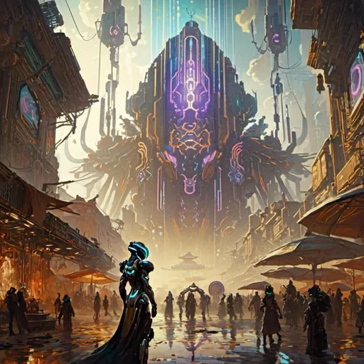 Prompt: A <mymodel> concept art illustration of a threatening somber warframe crossing a gloomy plaza full of multicolored circuitry patterns shedding flaring volumetric light shafts throughout the darkness of  a doomed wasteland metropolis

, a stunning Alphonse mucha masterpiece in retro-futuristic sci-fi art deco artstyle by Anders Zorn and Joseph Christian Leyendecker 

, neat and clear tangents full of negative space 

, ominous dramatic lighting with detailed shadows and highlights enhancing depth of perspective and 3D volumetric drawing

, colorful vibrant painting in HDR with shiny shimmering reflections