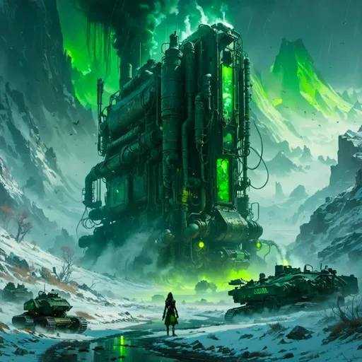 Prompt: A <mymodel> a concept environment art landscape  

of a gloomy and somber 
snowy thundra

with a monolith ark 

full oozing green glass tanks 

shedding flaring volumetric light shafts throughout the darkness 

of a threatening noxious toxic artical wasteland engulfed by a snowstorm

, a stunning Donato Giancola masterpiece in post-apocalyptic sci-fi dieselpunk artstyle by Anders Zorn and Joseph Christian Leyendecker 

, neat and clear tangents full of negative space 

, ominous dramatic lighting with detailed shadows and highlights enhancing depth of perspective and 3D volumetric drawing

, colorful vibrant painting in HDR with shiny shimmering reflections