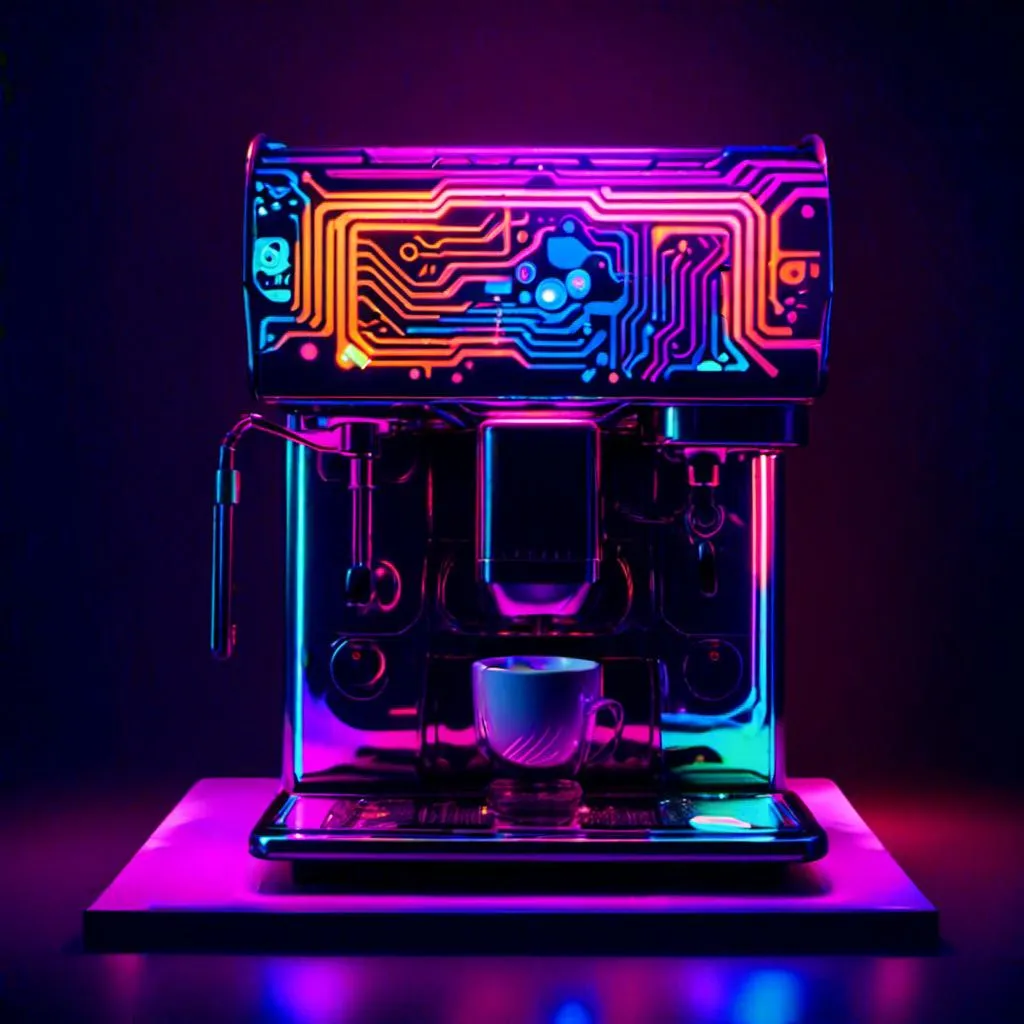 Prompt: An coffee machine full of multicolored  circuitry glowing in the darkness

, a stunning <mymodel> masterpiece