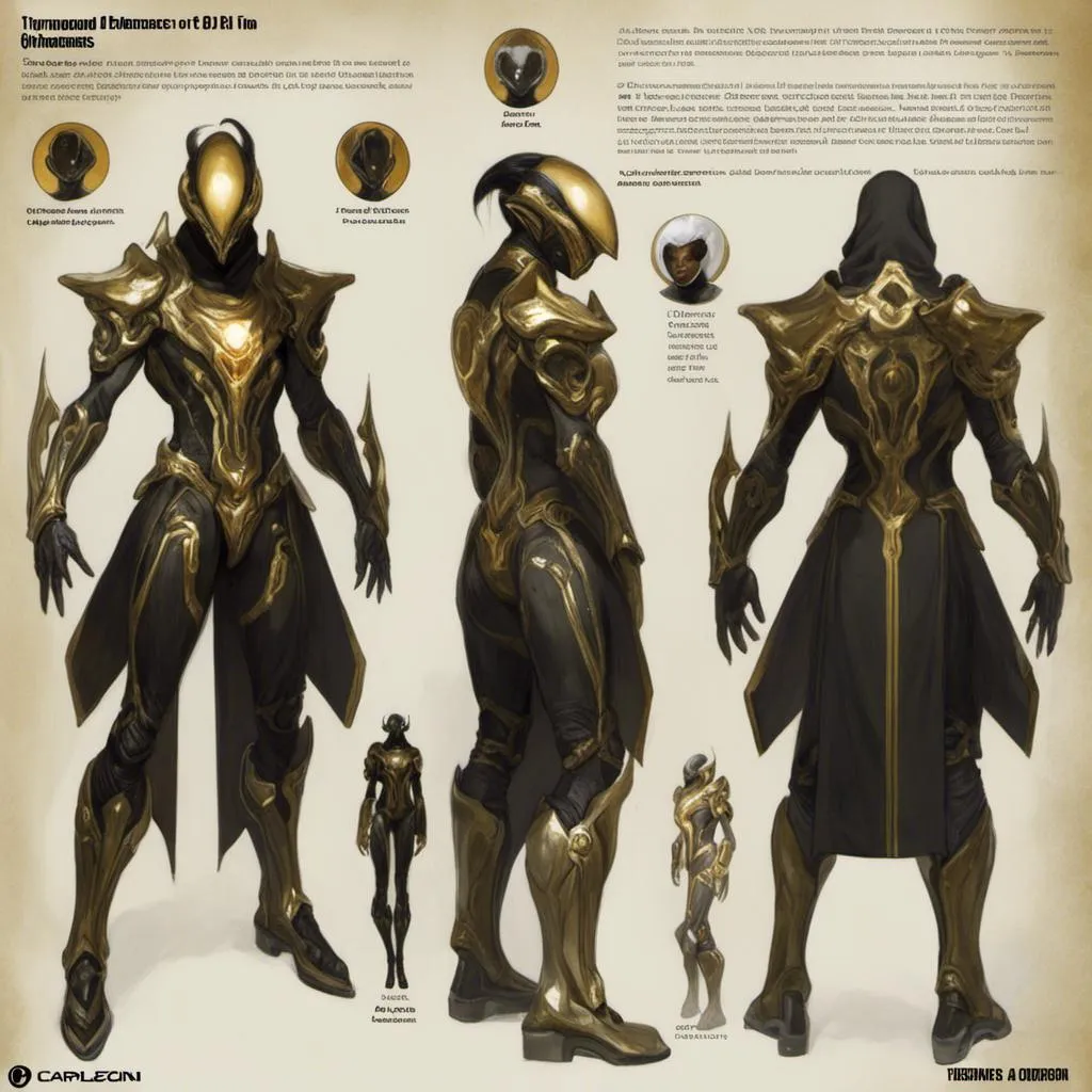 Prompt: A turnaround  reference sheet for the concept  character design of 

an ominous  and gloomy  <mymodel>  alien warframe glowing in the darkness

, a  stunning Peter Gric's sci-fi masterpiece by Anders  Zorn and Joseph Christian Leyendecker 

, neat and clear  tangents  full of negative space