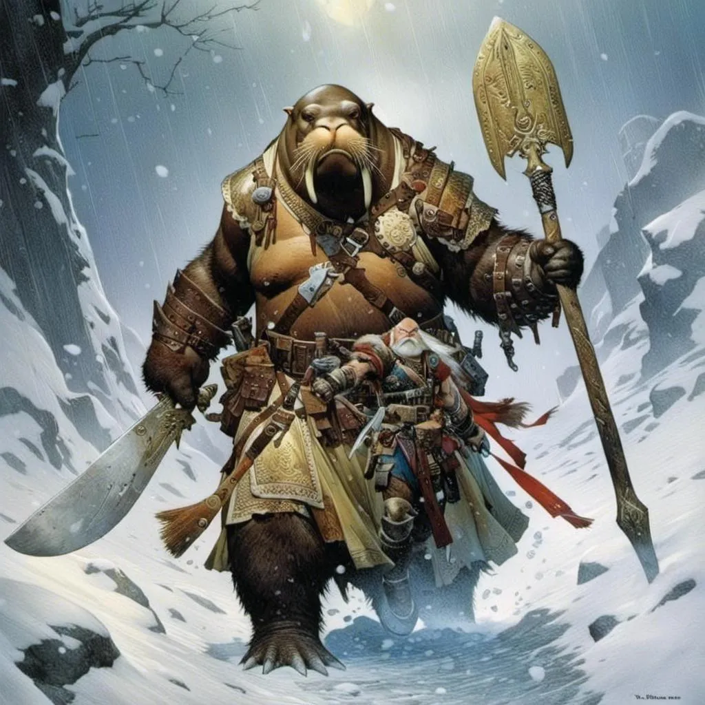 Prompt: A <mymodel> full body portrait for the concept character design of 

an anthropomorphic walrus
paladin crossing a  snowy  thundra in  the middle  of a  snowstorm

, a stunning Frank Frazetta masterpiece by  Donato  Giancola  and  Terese Nielsen

, neat and clean composition made of neat and clear tangents full of negative space 

, ominous dramatic lighting with detailed shadows and highlights enhancing depth of perspective and 3D volumetric drawing

, a vibrant and colorful painting in HDR