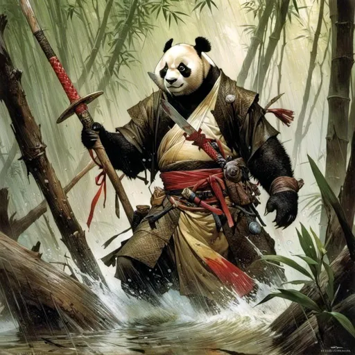 Prompt: A <mymodel> full body portrait for the concept character design of 

a threatening fierceful 
anthropomorphic 

panda 

as a muscly martial arts monk  

crossing a gloomy 

flooded bamboo forest  

 in  the middle  of a  rainstorm

, a stunning Frank Frazetta masterpiece by  Donato  Giancola  and  Terese Nielsen

, neat and clean composition made of neat and clear tangents full of negative space 

, ominous dramatic lighting with detailed shadows and highlights enhancing depth of perspective and 3D volumetric drawing

, a vibrant and colorful painting in HDR