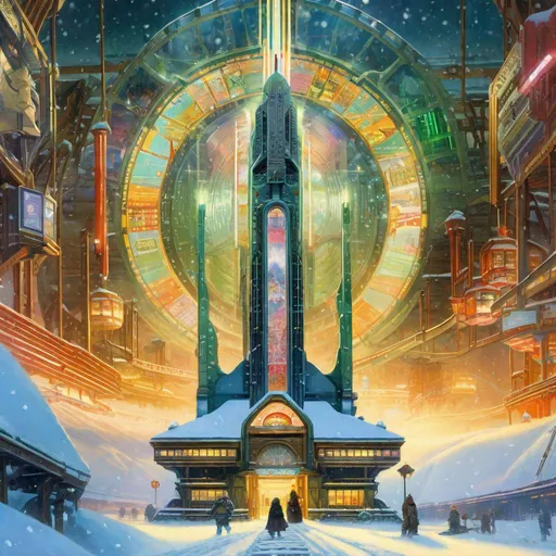Prompt: A <mymodel> landscape artwork of a towering artic station

 in the middle  
of a snowy thundra

full of multicolored neon circuit board patterns glowing in the snowstorm

, a stunning Alphonse Mucha's masterpiece in  sci-fi retro-futuristic art deco artstyle by Anders Zorn and Joseph Christian Leyendecker

, neat and clear tangents full of negative space 

, ominous dramatic lighting with detailed shadows and highlights enhancing depth of perspective and 3D volumetric drawing

, a  vibrant and colorful high quality digital  painting in HDR