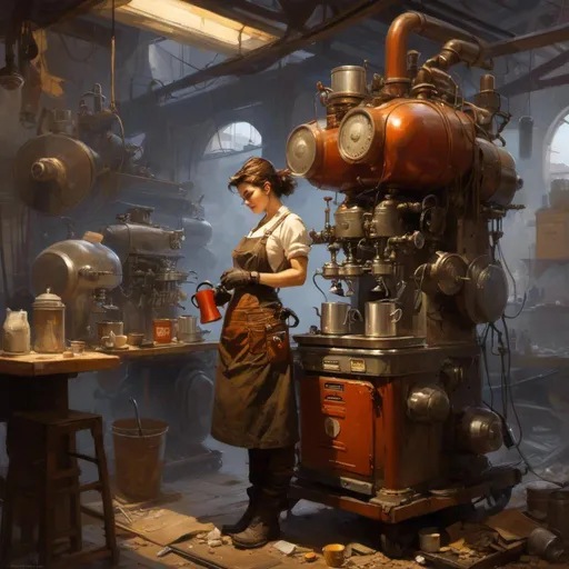 Prompt: A <mymodel> concept art landscape

of a cute curvy and muscly female mechanic tinkerer artificer fixing a coffee machine


, a stunning alejandro burdisio masterpiece in post-apocalyptic sci-fi dieselpunk artstyle by Anders Zorn and Joseph Christian Leyendecker 

, neat and clear tangents full of negative space 

, ominous dramatic lighting with detailed shadows and highlights enhancing depth of perspective and 3D volumetric drawing

, colorful vibrant painting in HDR with shiny shimmering reflections