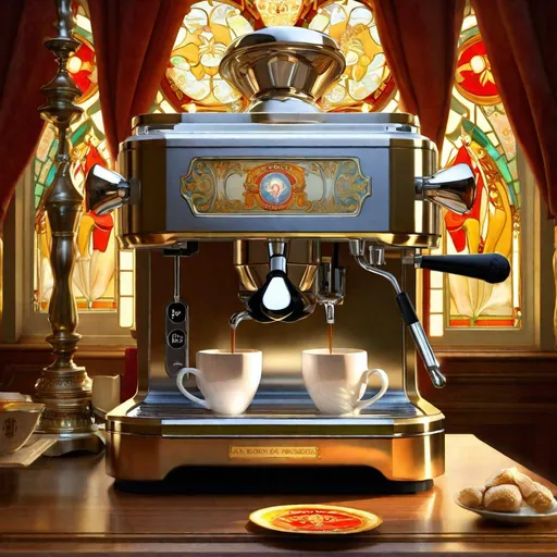 Prompt: A holy coffee machine

, a stunning Alphonse Mucha's masterpiece in <mymodel> barroque rococo artstyle by Anders Zorn and Joseph Christian Leyendecker

, neat and clear tangents full of negative space 

, a dramatic lighting with detailed shadows and highlights enhancing depth of perspective and 3D volumetric drawing

, a  vibrant and colorful high quality digital  painting in HDR