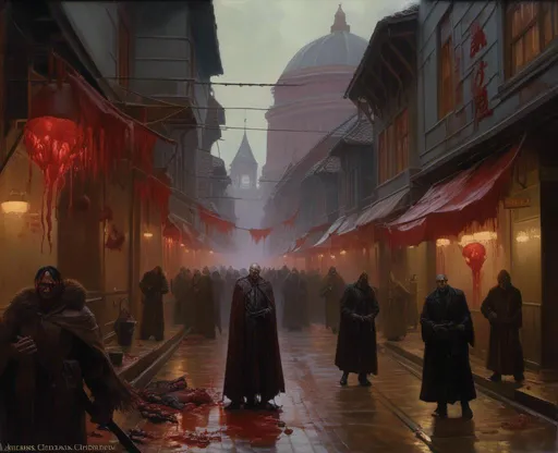 Prompt: The landscape concept environment art of a threatening somber alley in the middle of a gloomy city made of gory pustulent flesh tumors full bulging veins and oozing blood during a bloodstorm

, a stunning Donato Giancola masterpiece in <mymodel> gothic sci-fi artstyle by Anders Zorn and Joseph Christian Leyendecker 

, neat and clear tangents full of negative space 

, ominous dramatic lighting with detailed shadows and highlights enhancing depth of perspective and 3D volumetric drawing

, colorful vibrant painting in HDR