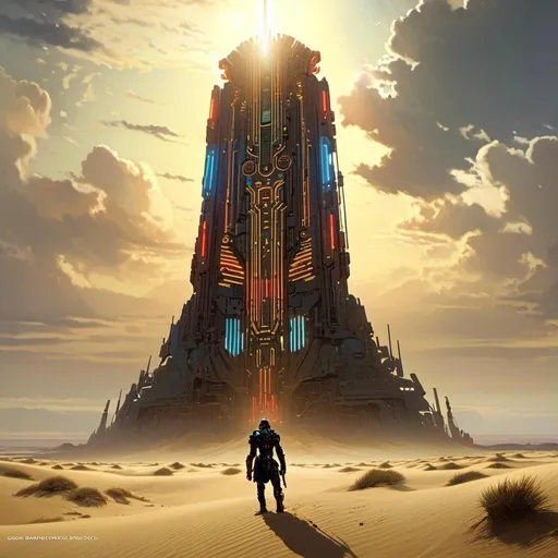 Prompt: A threatening sinister monolith 
full of multicolored circuitry carvings shedding flaring volumetric light shafts in the darkness of gloomy wasteland dunes 

, a stunning John Avon masterpiece in <mymodel> retro-futuristic sci-fi arc deco artstyle by Anders Zorn and Joseph Christian Leyendecker 

, neat and clear tangents full of negative space 

, ominous dramatic lighting with detailed shadows and highlights enhancing depth of perspective and 3D volumetric drawing

, colorful vibrant painting in HDR with shiny shimmering reflections