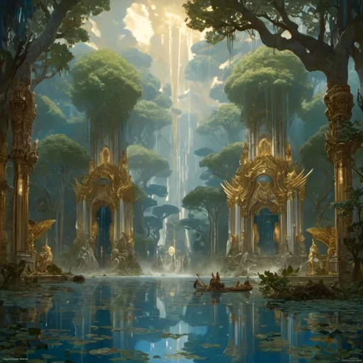 Prompt: A <mymodel> a concept environment art landscape 

of a gloomy and somber flooded mangrove swamp

with a lustrous towering divine monolith ark made of white and blue marble full of golden ornaments 

with it's reflections shedding flaring volumetric light shafts throughout the darkness 

of a threatening sinister jungle engulfed by a lightning rainstorm

, a stunning Alphonse  Mucha masterpiece in vintage art deco brutalism artstyle by Anders Zorn and Joseph Christian Leyendecker 

, neat and clear tangents full of negative space 

, ominous dramatic lighting with macabre somber shadows and highlights enhancing depth of perspective and 3D volumetric drawing

, colorful vibrant painting in HDR with shiny shimmering reflections and intricate detailed ambient occlusion