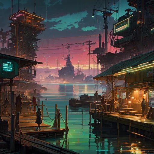 Prompt: A <mymodel> landscape artwork of ominous and gloomy 

docks

on a doomed  seashore

full of multicolored neon circuit board patterns glowing in the darkness

, a stunning Alphonse Mucha's masterpiece in  sci-fi retro-futuristic art deco artstyle by Anders Zorn and Joseph Christian Leyendecker

, neat and clear tangents full of negative space 

, a dramatic lighting with detailed shadows and highlights enhancing depth of perspective and 3D volumetric drawing

, a  vibrant and colorful high quality digital  painting in HDR