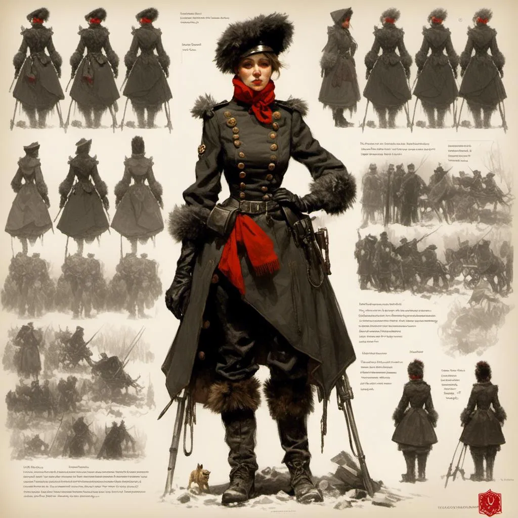 Prompt: A <mymodel> turnaround reference sheet for the concept character design of 

an ominous and gloomy female  cossack  soldier


, a stunning Alphonse Mucha's masterpiece by Anders Zorn and  Joseph Christian Leyendecker

, dramatic lighting  with detailed shadows and highlights increasing depth of perspective and 3D volumetric drawing 