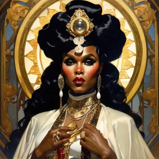 Prompt: A beautiful close-up portrait 

of the curvy and lustful Janelle Monae 

as an  ominous fierceful holy priestess 

, a stunning Alphonse Mucha's masterpiece in <mymodel> barroque rococo artstyle by Anders Zorn and Joseph Christian Leyendecker

, neat and clear tangents full of negative space 

, a dramatic lighting with detailed shadows and highlights enhancing depth of perspective and 3D volumetric drawing

, a  vibrant and colorful high quality digital  painting in HDR