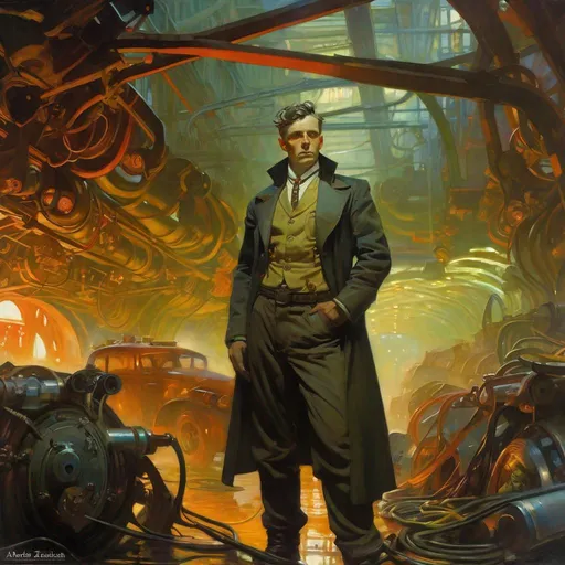 Prompt: An ominous and gloomy 

Mechanic engineer 
in the  middle of a doomed junkyard

full of hanging hoses and multicolored neon circuitry glowing in the  darkness

, a stunning Alphonse Mucha's masterpiece in <mymodel> sci-fi retro-futuristic  art deco artstyle by Anders Zorn and Joseph Christian Leyendecker

, neat and clear tangents full of negative space 

, a dramatic lighting with detailed shadows and highlights enhancing depth of perspective and 3D volumetric drawing

, a  vibrant and colorful high quality digital  painting in HDR