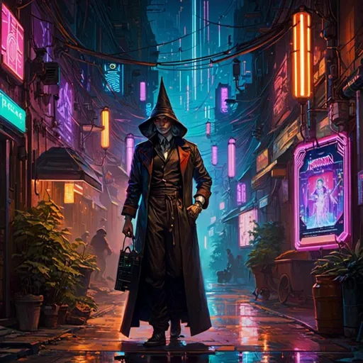 Prompt: A <mymodel> landscape artwork of a witch hunter priest 

 in the middle  
of a gloomy alley

full of multicolored neon circuit board patterns glowing in the darkness

, a stunning Alphonse Mucha's masterpiece in  sci-fi retro-futuristic art deco artstyle by Anders Zorn and Joseph Christian Leyendecker

, neat and clear tangents full of negative space 

, ominous dramatic lighting with detailed shadows and highlights enhancing depth of perspective and 3D volumetric drawing

, a  vibrant and colorful high quality digital  painting in HDR