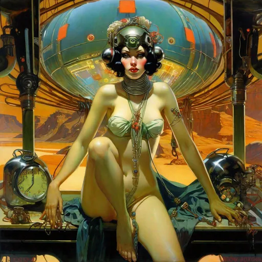 Prompt: An ominous and gloomy 

Atompunk odalisque pin-up 
crossing the 
dines  of  a doomed desert

full of scattered hanging 
 cables and multicolored neon circuitry glowing in the  darkness

, a stunning Alphonse Mucha's masterpiece in <mymodel> sci-fi retro-futuristic  art deco artstyle by Anders Zorn and Joseph Christian Leyendecker

, neat and clear tangents full of negative space 

, a dramatic lighting with detailed shadows and highlights enhancing depth of perspective and 3D volumetric drawing

, a  vibrant and colorful high quality digital  painting in HDR