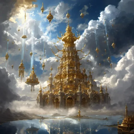 Prompt: A <mymodel> a concept environment art landscape 

of a gloomy and somber 
sky kingdom floating above the clouds  

with a lustrous towering divine monolith ark made of white and blue marble full of golden ornaments 

with it's reflections shedding flaring volumetric light shafts throughout the darkness 

of threatening sinister tempestuous sky

engulfed by a lightning rainstorm

, a stunning Alphonse  Mucha masterpiece in vintage art deco brutalism artstyle by Anders Zorn and Joseph Christian Leyendecker 

, neat and clear tangents full of negative space 

, ominous dramatic lighting with macabre somber shadows and highlights enhancing depth of perspective and 3D volumetric drawing

, colorful vibrant painting in HDR with shiny shimmering reflections and detailed contrasting ambient occlusion