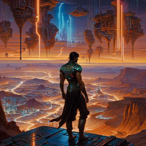 Prompt: A <mymodel> landscape artwork of the threatening  and somber prince of persia

crossing doomed badlands

full of multicolored neon circuit board patterns glowing in the darkness

, a stunning Donato Giancola's masterpiece in  sci-fi retro-futuristic art deco artstyle by Anders Zorn and Joseph Christian Leyendecker

, neat and clear tangents full of negative space 

, ominous dramatic lighting with detailed shadows and highlights enhancing depth of perspective and 3D volumetric drawing

, a  vibrant and colorful high quality digital  painting in HDR