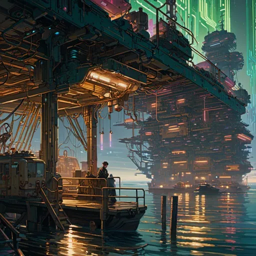 Prompt: A <mymodel> landscape artwork of ominous and gloomy 

docks

on a doomed  seashore

full of multicolored neon circuit board patterns glowing in the darkness

, a stunning Alphonse Mucha's masterpiece in  sci-fi retro-futuristic art deco artstyle by Anders Zorn and Joseph Christian Leyendecker

, neat and clear tangents full of negative space 

, a dramatic lighting with detailed shadows and highlights enhancing depth of perspective and 3D volumetric drawing

, a  vibrant and colorful high quality digital  painting in HDR