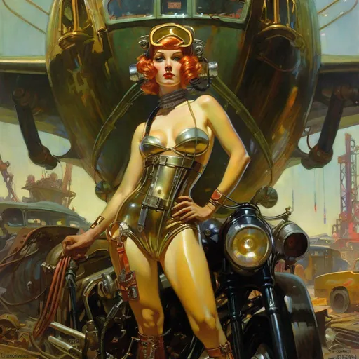 Prompt: An ominous and gloomy 

Atompunk pin-up
in the  middle of a doomed junkyard

full of hanging hoses and multicolored neon circuitry glowing in the  darkness

, a stunning Alphonse Mucha's masterpiece in <mymodel> sci-fi retro-futuristic  art deco artstyle by Anders Zorn and Joseph Christian Leyendecker

, neat and clear tangents full of negative space 

, a dramatic lighting with detailed shadows and highlights enhancing depth of perspective and 3D volumetric drawing

, a  vibrant and colorful high quality digital  painting in HDR