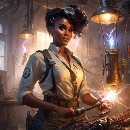 Prompt: The <mymodel> concept character design close-up portrait 

of Janelle Monae 

as a vintage electrican engineer  

with a muscly and curvy perfect body shape smiling 

while  holding  live electrical cables with arcing lightnings 

in the middle of a misty and gloomy artificer's workshop

, a stunning Donato Giancola masterpiece in retro-futuristic dieselpunk artstyle by Anders Zorn and Joseph Christian Leyendecker 

, neat and clear tangents full of negative space 

, ominous dramatic lighting with macabre somber shadows and highlights enhancing depth of perspective and 3D volumetric drawing

, colorful vibrant painting in HDR with shiny shimmering reflections and intricate detailed ambient occlusion