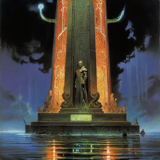 Prompt: An ominous and gloomy 

obelisk 

full of multicolored neon circuitry glowing in the darkness 

of a doomed flooded mangroove 

, a stunning Aaron Horkey's masterpiece in <mymodel> sci-fi retro-futuristic  art deco artstyle by Anders Zorn and Joseph Christian Leyendecker

, neat and clear tangents full of negative space 

, a dramatic lighting with detailed shadows and highlights enhancing depth of perspective and 3D volumetric drawing

, a  vibrant and colorful high quality digital  painting in HDR