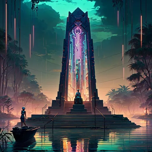 Prompt: A <mymodel> landscape artwork of ominous and gloomy 

obelisk

full of multicolored neon circuit board patterns glowing in the darkness


of a flooded mangroove



, a stunning Alphonse Mucha's masterpiece in  sci-fi retro-futuristic art deco artstyle by Anders Zorn and Joseph Christian Leyendecker

, neat and clear tangents full of negative space 

, a dramatic lighting with detailed shadows and highlights enhancing depth of perspective and 3D volumetric drawing

, a  vibrant and colorful high quality digital  painting in HDR