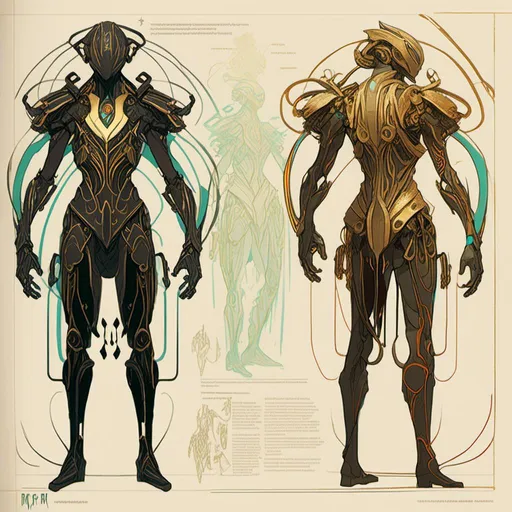 Prompt: A  <mymodel>  
turnaround reference sheet for the concept  character design of 

an ominous and  gloomy  warframe cyborg 

full of carved circuit board lanes glowing  in the  darkness 

, a stunning Alphonse  Mucha's masterpiece by Victo Ngai and Aaron Horkey

, a dramatic lighting with detailed shadows and highlights enhancing depth of perspective and 3D volumetric drawing

, a  vibrant and colorful high quality digital  painting in HDR