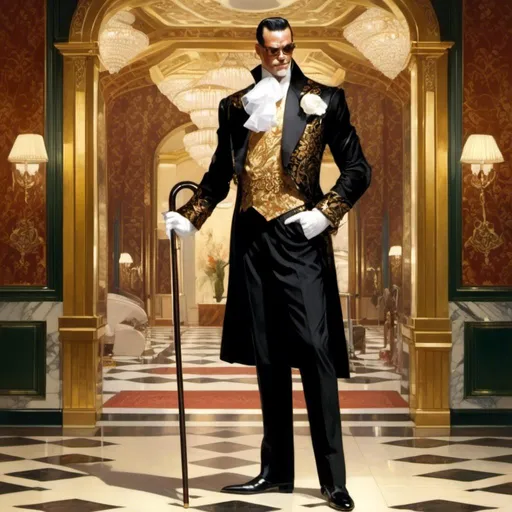 Prompt: A <mymodel> concept character design reference sheet of a 
luxurious vintage art deco spanish socialite gentleman with  a  wide muscly perfect body shape leaning on an expensive adorned cane

, a stunning Donato Giancola masterpiece in brutal vintage art deco artstyle by Anders Zorn and Joseph Christian Leyendecker 

, neat and clear tangents full of negative space 

, ominous dramatic lighting with detailed shadows and highlights enhancing depth of perspective and 3D volumetric drawing

, colorful vibrant painting in HDR with shiny shimmering reflections