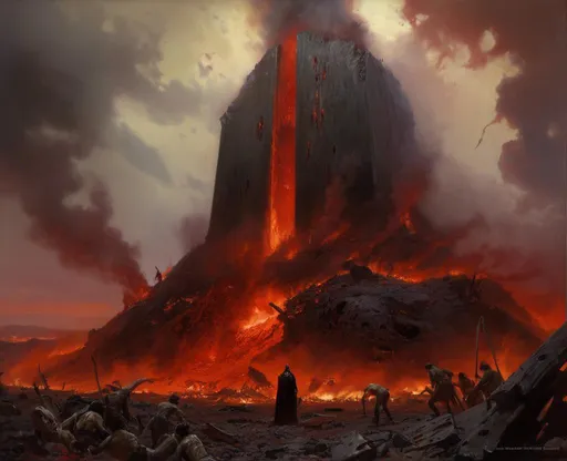 Prompt: The landscape concept environment art of a threatening somber gold and silver monolith in the middle of gloomy  lava field full of charred burning corpses with gory and bloody remains oozing everywhere


, a stunning Donato Giancola masterpiece in <mymodel> gothic sci-fi artstyle by Anders Zorn and Joseph Christian Leyendecker 

, neat and clear tangents full of negative space 

, ominous dramatic lighting with detailed shadows and highlights enhancing depth of perspective and 3D volumetric drawing

, colorful vibrant painting in HDR