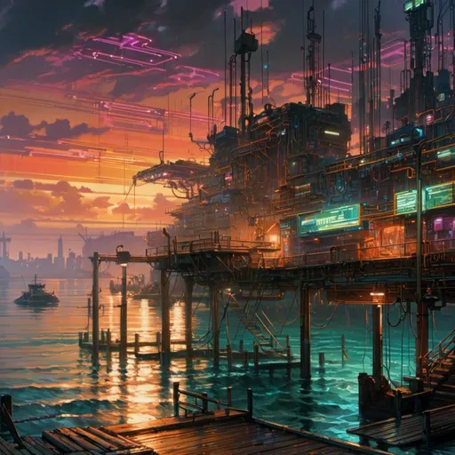 Prompt: A <mymodel> landscape artwork of ominous and gloomy 

docks

on a doomed  seashore

full of multicolored neon circuit board patterns glowing in the darkness

, a stunning Alphonse Mucha's masterpiece in  sci-fi retro-futuristic art deco artstyle by Anders Zorn and Joseph Christian Leyendecker

, neat and clear tangents full of negative space 

, a dramatic lighting with detailed shadows and highlights enhancing depth of perspective and 3D volumetric drawing

, a  vibrant and colorful high quality digital  painting in HDR