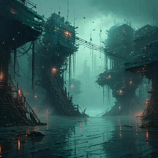 Prompt: An ominous flooded mangroove with an evil gloomy aura

, a stunning John Avon's masterpiece in <mymodel>  sci-fi cyberpunk artstyle by Brian Mashburn 