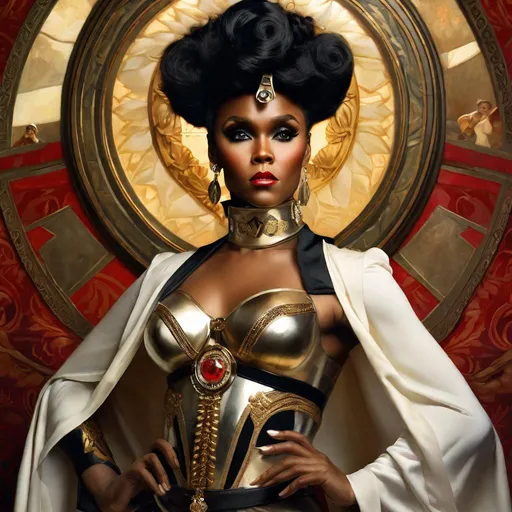 Prompt: A beautiful close-up portrait 

of the curvy and lustful Janelle Monae 

dressed  as a  ominous fierceful holy valkyrie


, a stunning Alphonse Mucha's masterpiece in <mymodel> barroque rococo artstyle by Anders Zorn and Joseph Christian Leyendecker

, neat and clear tangents full of negative space 

, a dramatic lighting with detailed shadows and highlights enhancing depth of perspective and 3D volumetric drawing

, a  vibrant and colorful high quality digital  painting in HDR