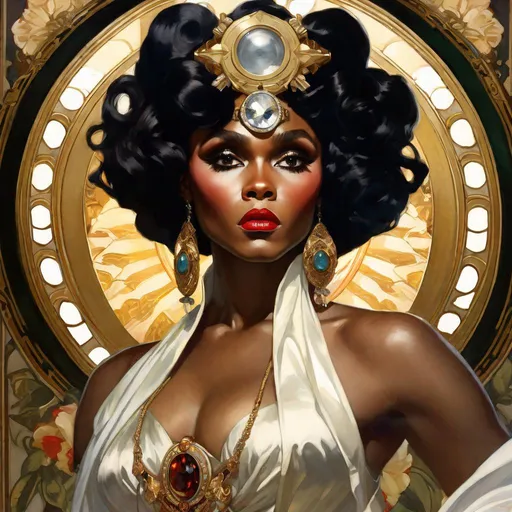 Prompt: A beautiful close-up portrait 

of the curvy and lustful Janelle Monae 

as an  ominous fierceful holy goddess

, a stunning Alphonse Mucha's masterpiece in <mymodel> barroque rococo artstyle by Anders Zorn and Joseph Christian Leyendecker

, neat and clear tangents full of negative space 

, a dramatic lighting with detailed shadows and highlights enhancing depth of perspective and 3D volumetric drawing

, a  vibrant and colorful high quality digital  painting in HDR