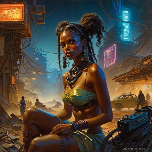 Prompt: A <mymodel> landscape artwork of a threatening  and somber african pin-up gypsy

 in the middle  
of a doomed wasteland

full of toxic waste and multicolored neon circuit board patterns glowing in the darkness

, a stunning Donato Giancola's masterpiece in  sci-fi retro-futuristic art deco artstyle by Anders Zorn and Joseph Christian Leyendecker

, neat and clear tangents full of negative space 

, ominous dramatic lighting with detailed shadows and highlights enhancing depth of perspective and 3D volumetric drawing

, a  vibrant and colorful high quality digital  painting in HDR