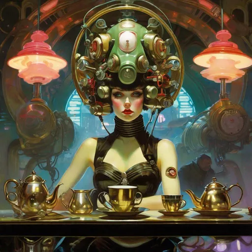 Prompt: An ominous and gloomy 

Atompunk doll
in the  middle of a doomed tea party

full of scattered hoses and multicolored neon circuitry glowing in the  darkness

, a stunning Alphonse Mucha's masterpiece in <mymodel> sci-fi retro-futuristic  art deco artstyle by Anders Zorn and Joseph Christian Leyendecker

, neat and clear tangents full of negative space 

, a dramatic lighting with detailed shadows and highlights enhancing depth of perspective and 3D volumetric drawing

, a  vibrant and colorful high quality digital  painting in HDR